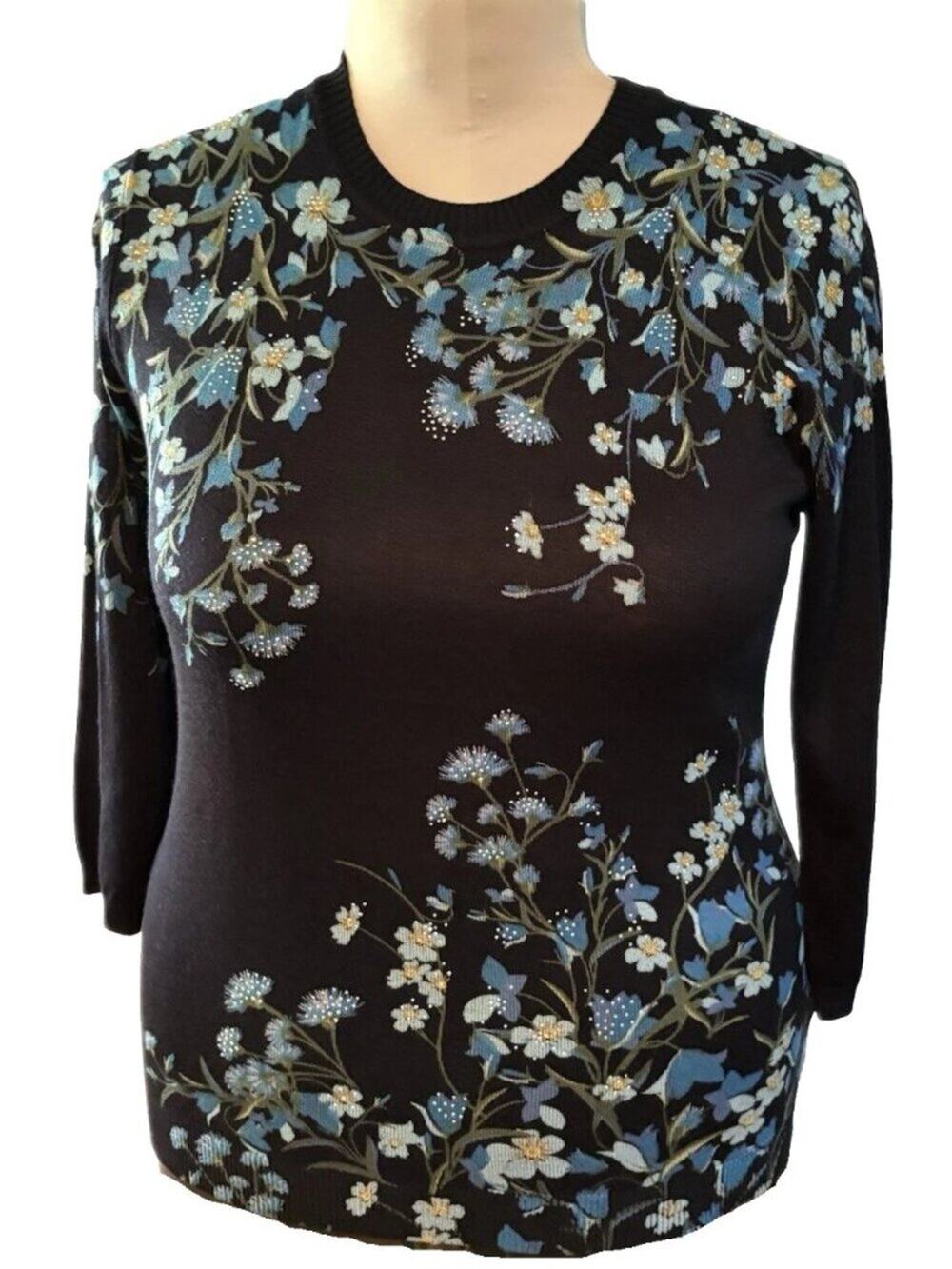 Serengeti Women’s Black Floral Size Large Acrylic Sweater Sparkly